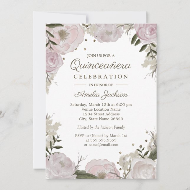 Convite Dourado Rosa Brilho Floral Quinceanera (Frente)