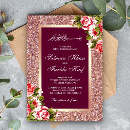 Convite Dourado Rosa Brilho Floral Rosa Islâmico Muçulmano