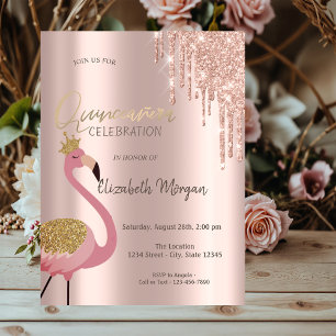 Convite Dourado Rosa Brilho Gotas Flamingo Rosa Quinze Ano