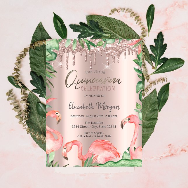 Convite Dourado Rosa Brilho Gotas Flamingos Rosa Quinceañe (Criador carregado)