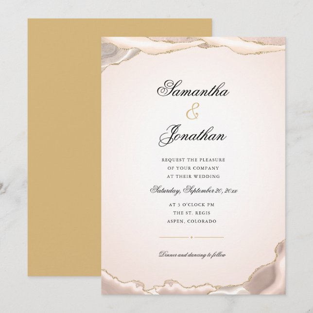 Convite Dourado Rosa Brilho Mármore Ágata Casamento (Frente/Verso)