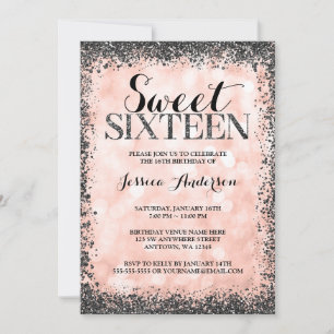 Convite Dourado Rosa Brilho Preto Falso Luzes Sweet 16