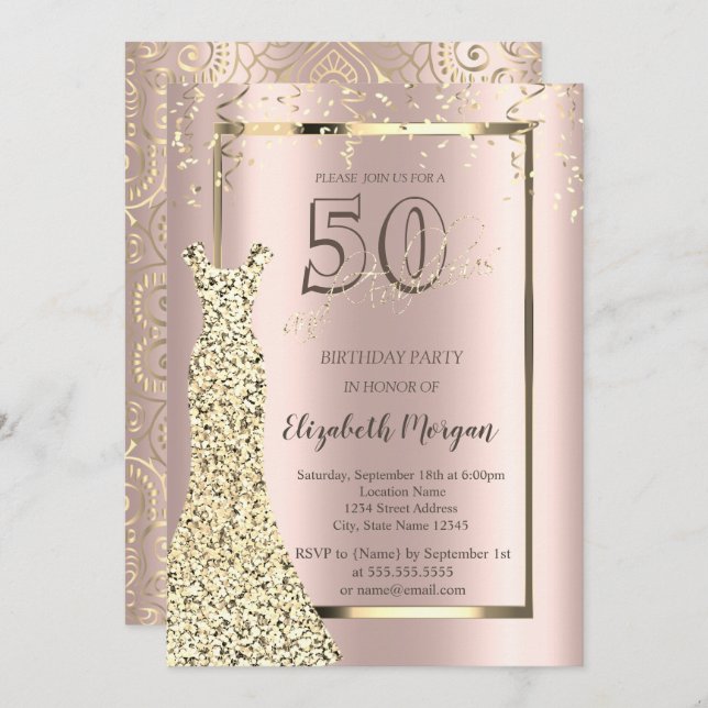 Convite Dourado Rosa do Vestido Dourado, Dourado Mandala 5 (Frente/Verso)