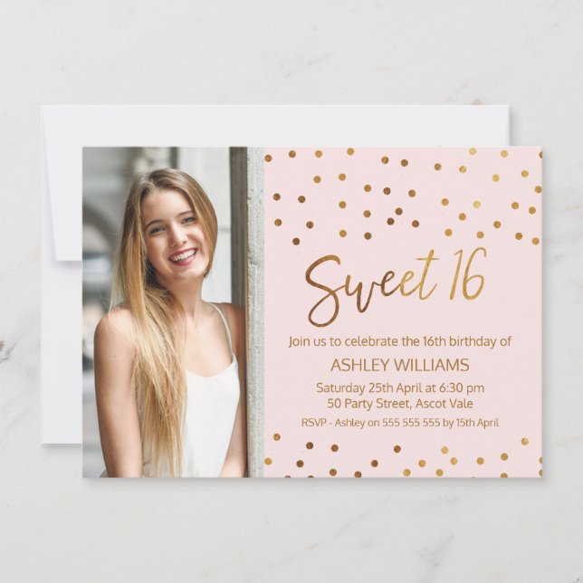 Convite Dourado, Rosa, Doce, Dezesseis Aniversários (Frente)