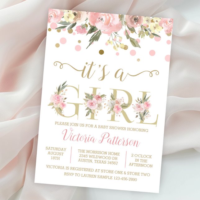 Convite Dourado Rosa É Um Chá de fraldas De Garota (Pretty pink and gold it's a girl baby shower invitation with watercolor flowers.)