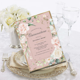 Convite Dourado Rosa Elegante Floral Quinceañera