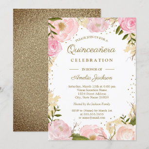 Convite Dourado Rosa Floral Aquarela Quinceanera