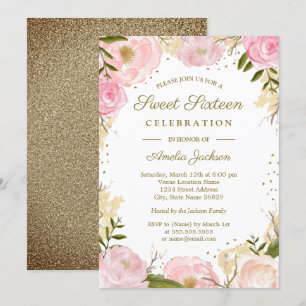 Convite Dourado Rosa Floral Blush Aquarela Doze Anos