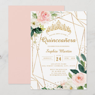 Convite Dourado Rosa Floral Geométrico Quinceanera 