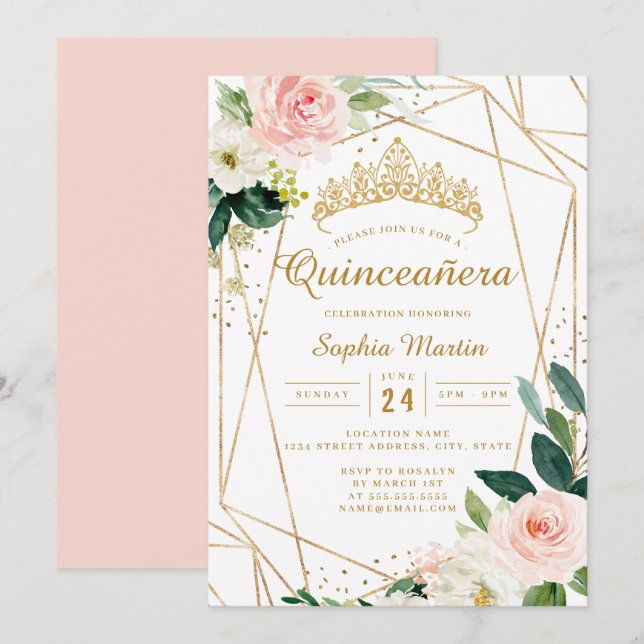 Convite Dourado Rosa Floral Geométrico Quinceanera  (Frente/Verso)