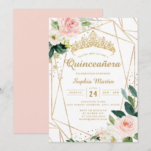 Convite Dourado Rosa Floral Geométrico Quinceanera