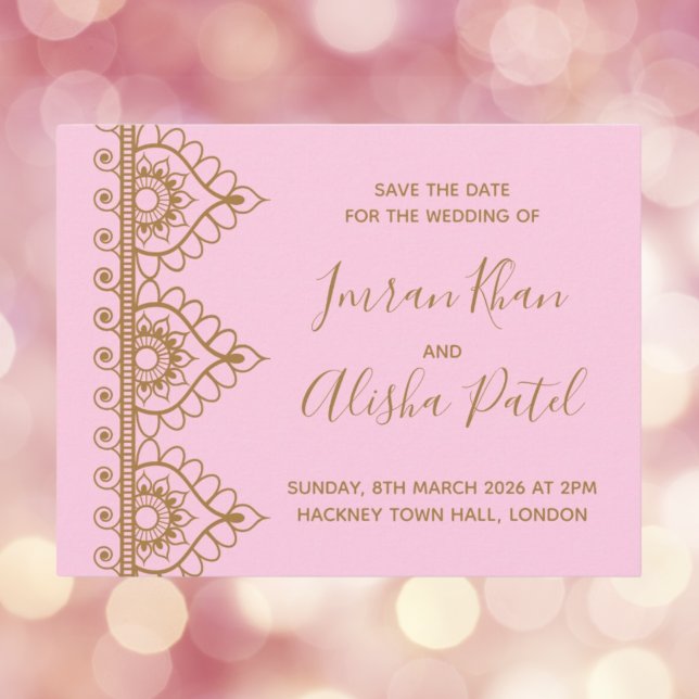 Convite Dourado Rosa Henna Desi para Casamento Ind (Pink Gold Henna Desi Indian Wedding Invitation
)