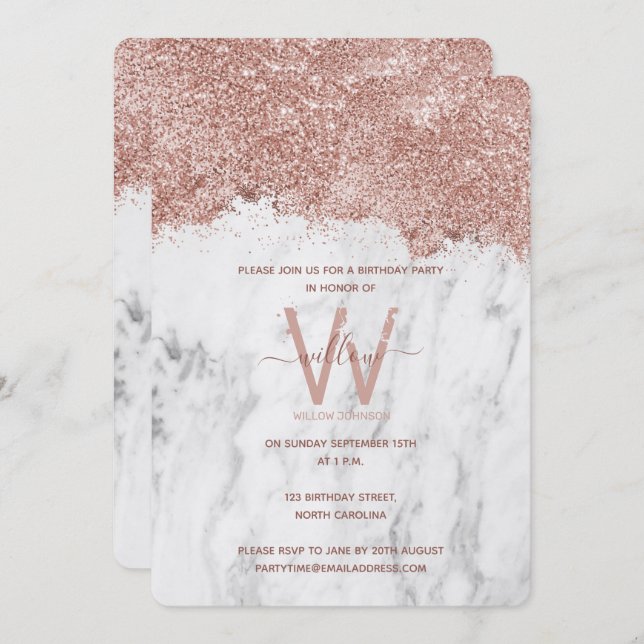 Convite Dourado Rosa Mármore Branco Brilho Aniversário de  (Frente/Verso)