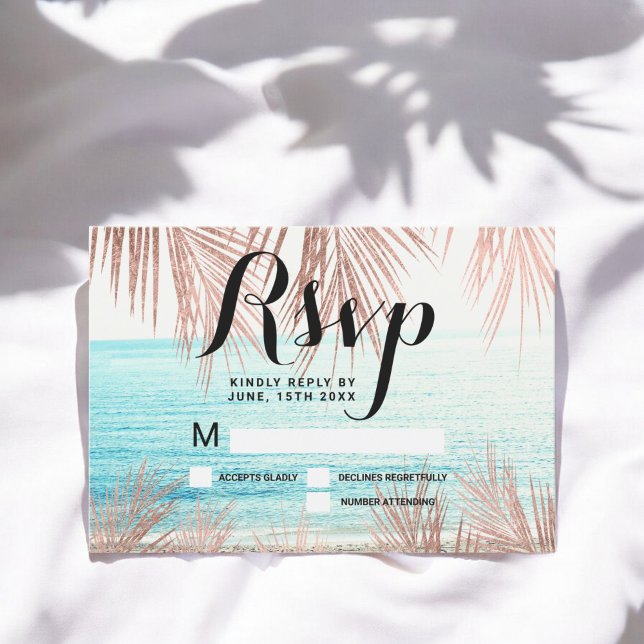 Convite Dourado rosa palmeira praia foto RSVP casamento (Rose gold palm tree beach photo RSVP wedding Invitation)