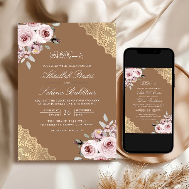 Convite Dourado Rosa Poeira Código QR de Renda Casamento M (Criador carregado)