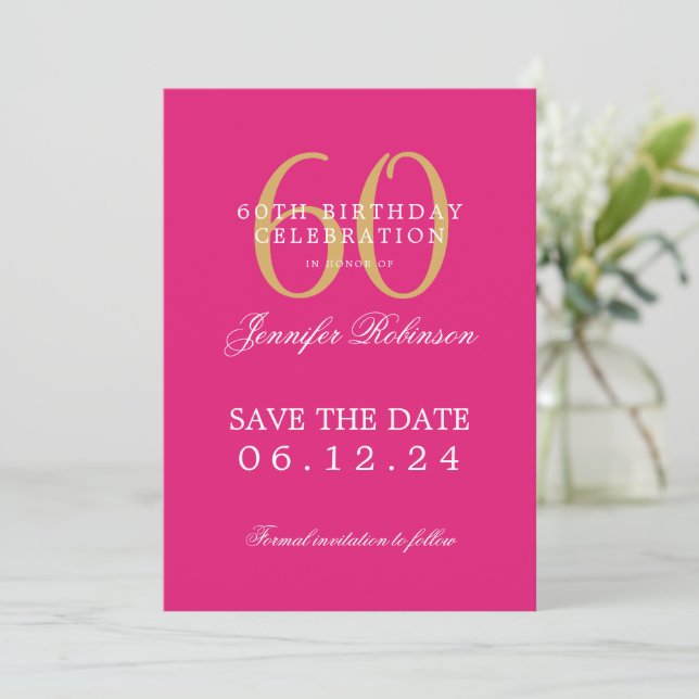 Convite Dourado Rosa Quente 60º Aniversário Salvar a Data (Em pé/Frente)