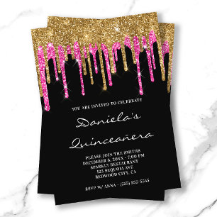 Convite Dourado Rosa Quente Brilho Gotas Preto Quinze Anos