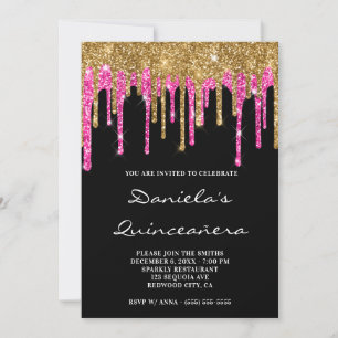 Convite Dourado Rosa Quente Brilho Gotas Preto Quinze Anos