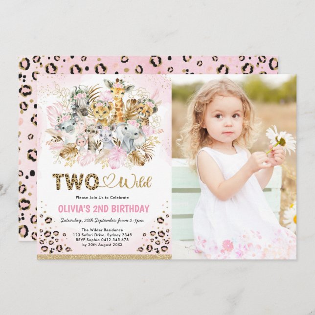 Convite Dourado Rosa Safari Tropical Dois Foto Selvagem An (Frente/Verso)