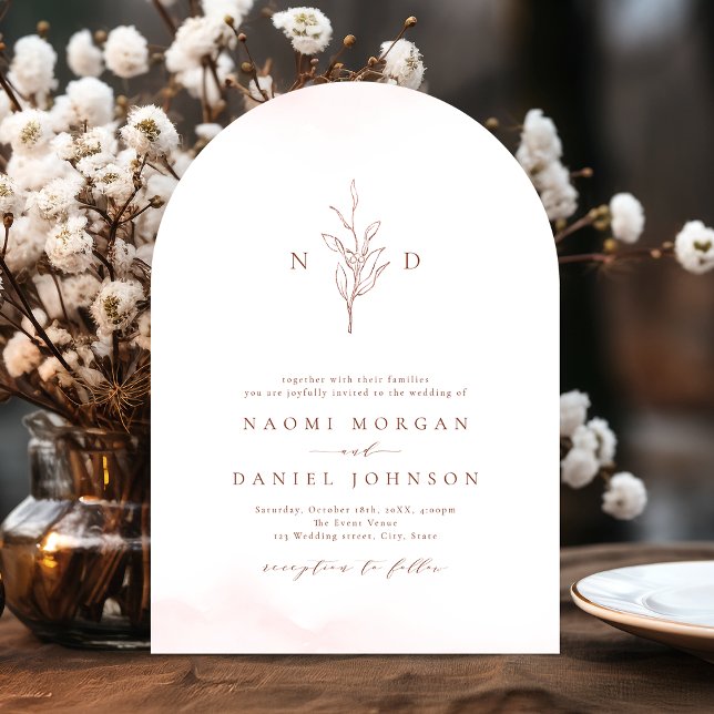 Convite Dourado rosa simples monograma botânico casamento  (Rose gold simple botanical monogram rustic wedding invitation)