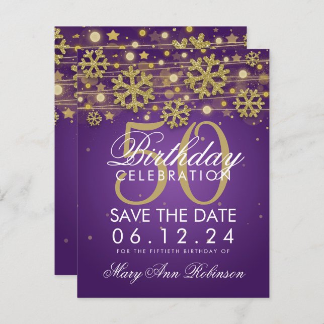 Convite Dourado roxo 50º aniversário Data de salvamento in (Frente/Verso)