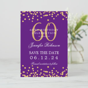 Convite Dourado roxo 60º aniversário Salve os detalhes da