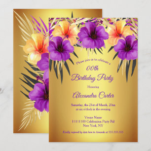 Convite Dourado Roxo Amarelo Festa de Aniversário Hibisco 