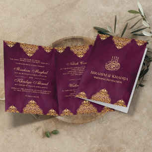 Convite Dourado Roxo Ameixa Motivo Islâmico Casamento Muçu