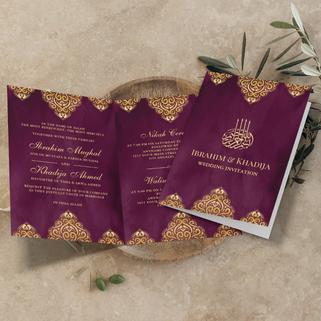 Convite Dourado Roxo Ameixa Motivo Islâmico Casamento Muçu (Criador carregado)