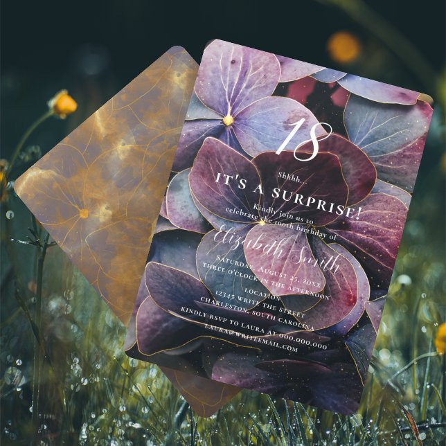 Convite Dourado Roxo Azul Hydrangea Surpresa 18º Aniversár (Criador carregado)