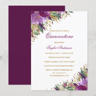 Convite Dourado Roxo Brilho Ametista Floral Quinceanera
