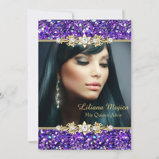 Convite Dourado Roxo Brilho & Arco de Joia Quinceanera (Frente)