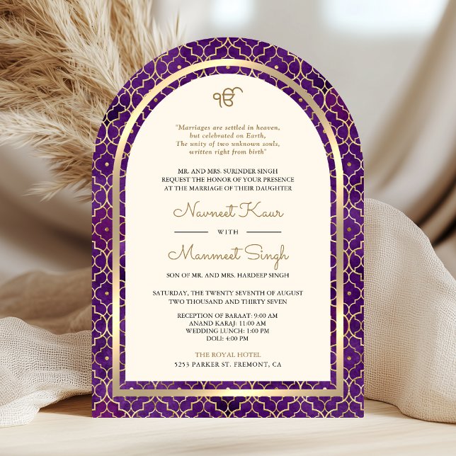 Convite Dourado Roxo Código QR Marroquino Arco Sikh Casame (Criador carregado)
