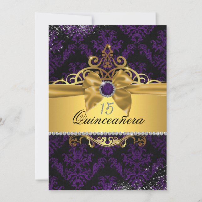 Convite Dourado Roxo Damask Quinceanera Convide (Frente)