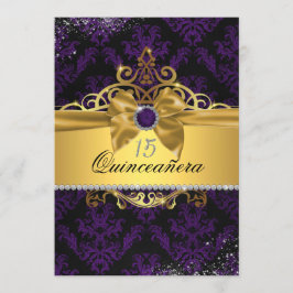 Convite Dourado Roxo Damask Quinceanera Convide