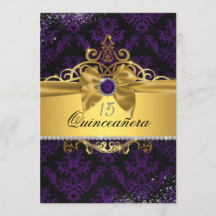 Convite Dourado Roxo Damask Quinceanera Convide