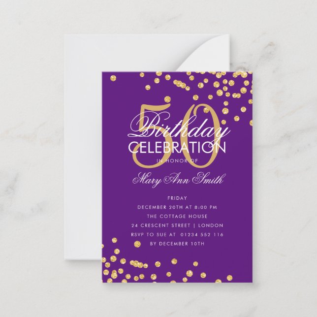 Convite Dourado Roxo de Aniversário do Orçamento (Frente)