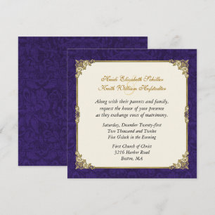 Convite Dourado roxo do damasco & do casamento do