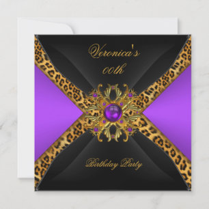 Convite Dourado Roxo Leopardo Negro Jóia Festa de Aniversá