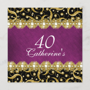 Convite Dourado roxo "qualquer idade" festa elegante