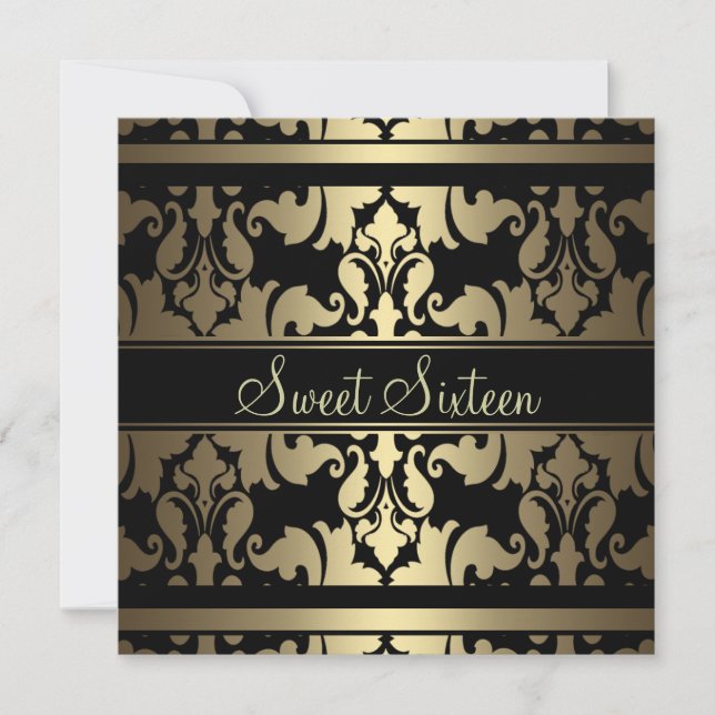 Convite Dourado Royal Damask Sweet16 Birthday Convida (Frente)