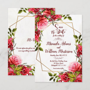 Convite Dourado Rustic Burgundy Floral Salve a data de cas