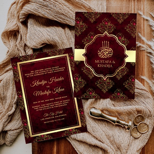 Convite Dourado Rústico Vermelho Marrom Damasko Casamento  (Criador carregado)