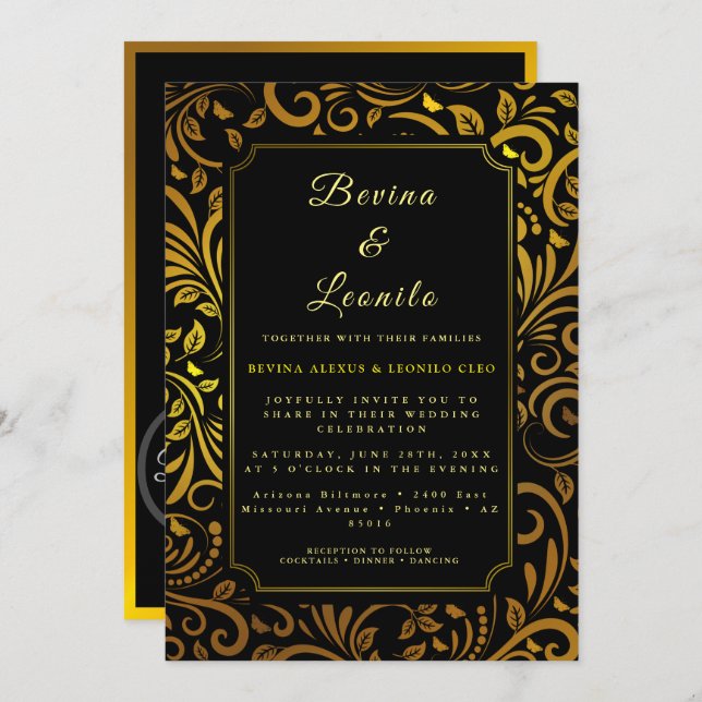 Convite Dourado Script Botânico Invisível M | Casamento (Frente/Verso)