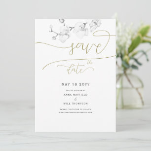 Convite Dourado Script Modern Orchid Wedding Salvar a Data