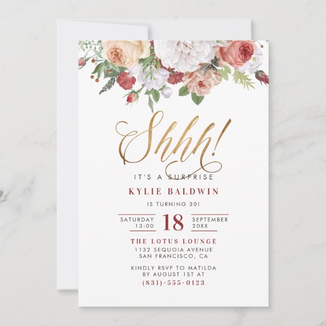 Convite Dourado Script Shhh! É uma Festa de aniversário su (Frente)