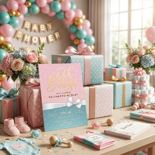 Convite Dourado Script White Ribbon Blue Pink Chá de frald