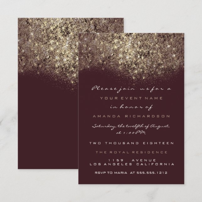 Convite Dourado Sepia Brilhante Glitter Burgundy (Frente/Verso)