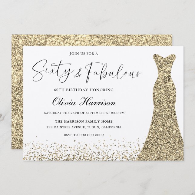 Convite Dourado Shimmer Veste Sessenta e fabuloso aniversá (Frente/Verso)