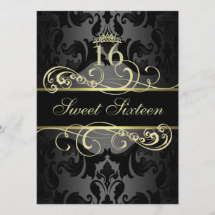 Convite Dourado Shirl Damask Sweet16 Birthday Convida